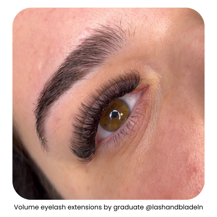 Woman’s eye with volume eyelash extensions done by a graduate of IBI’s lash lift course.