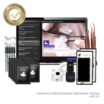 a laptop showing a volume and hybrid eyelash extensions online course with a kit
