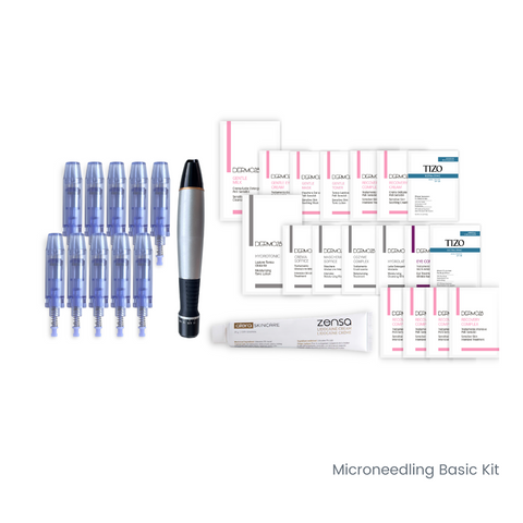 a microneedling kit with training device and cartridges, skincare satchets, and numbing cream