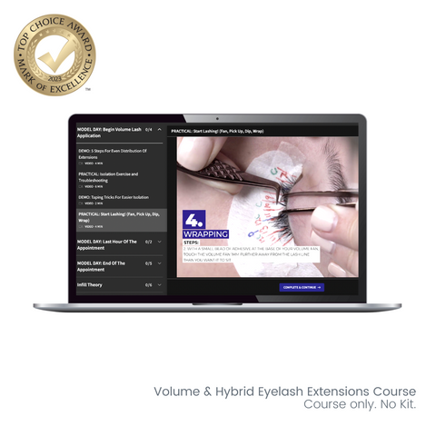 a laptop showing a volume and hybrid eyelash extensions online course