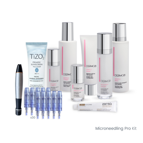 a microneedling kit with training device and cartridges, full size skincare products, and numbing cream