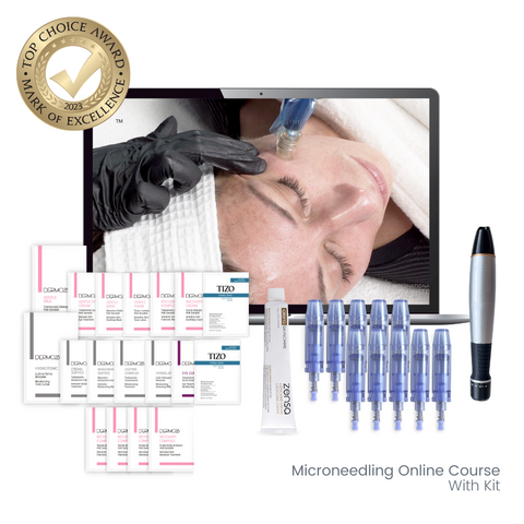 a laptop showing an online microneedling course with a kit next to it