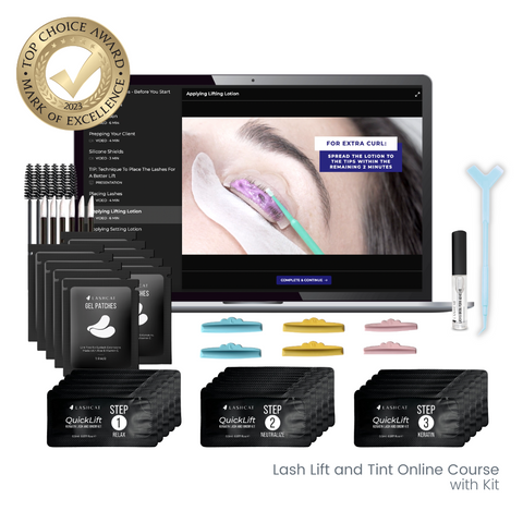 a laptop showing a lash lift and tint online course with a kit