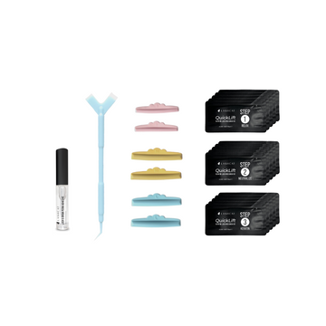 a lash lift and brow kit with quicklift satchets, silicone eye sheilds, perm adhesive, and a lash and brow tool