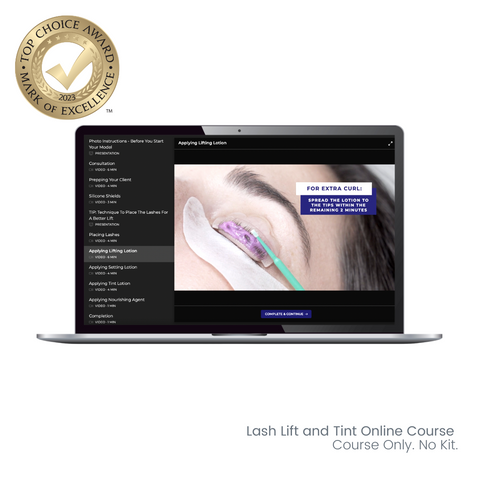 a laptop showing a lash lift and tint online course