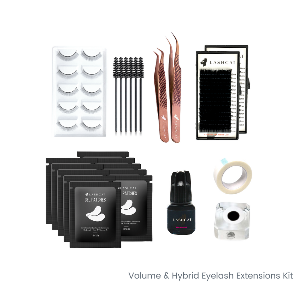volume and hybrid eyelash extensions kit with lash strips, mascara wands, tweezers, lash trays, adhesive, paper tape, glue palette